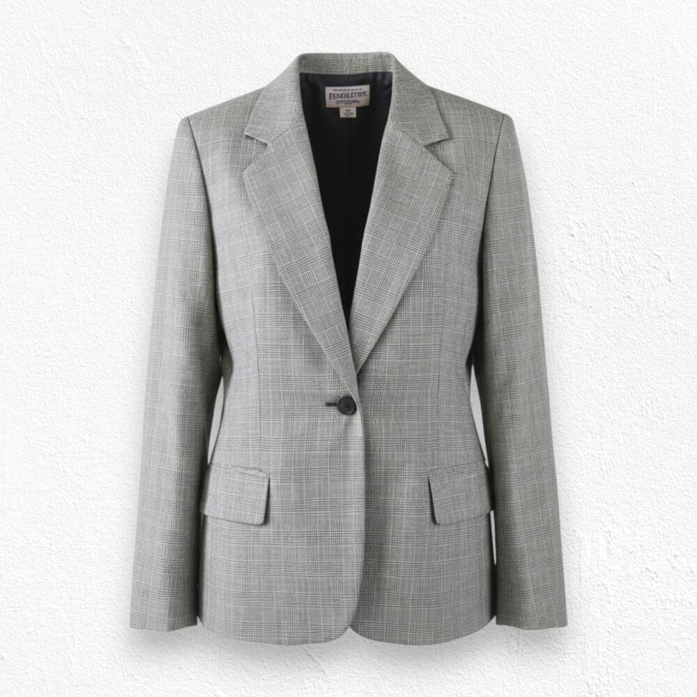 90s Vintage Pendleton Black Wales Houndstooth Wool Single Button Blazer Size 12